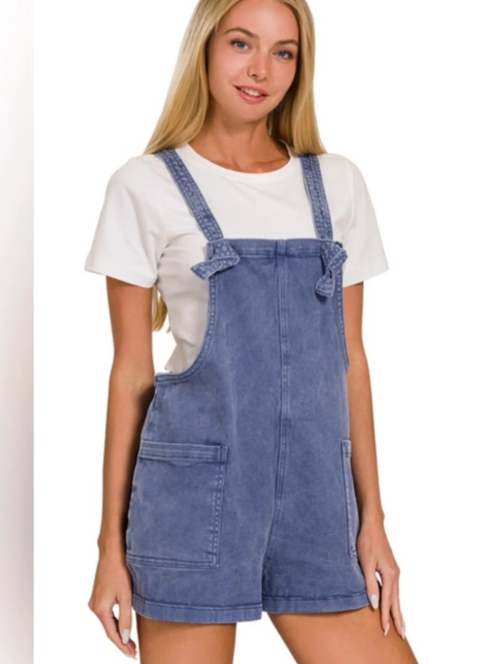ZENANA Washed Knot Strap Romper / BLUE